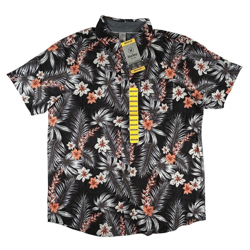 Hurley Shirt Mens Medium Black Floral Hawaiian Button Up Stretch Patio Woven
